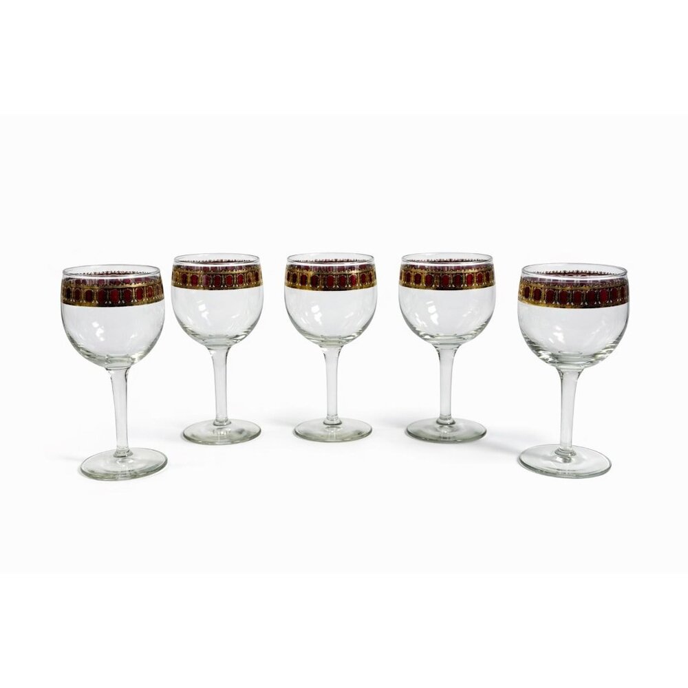 Stemmed Wine Glasses Culver Valencia Cranberry Scroll Mid Century Modern 22KT